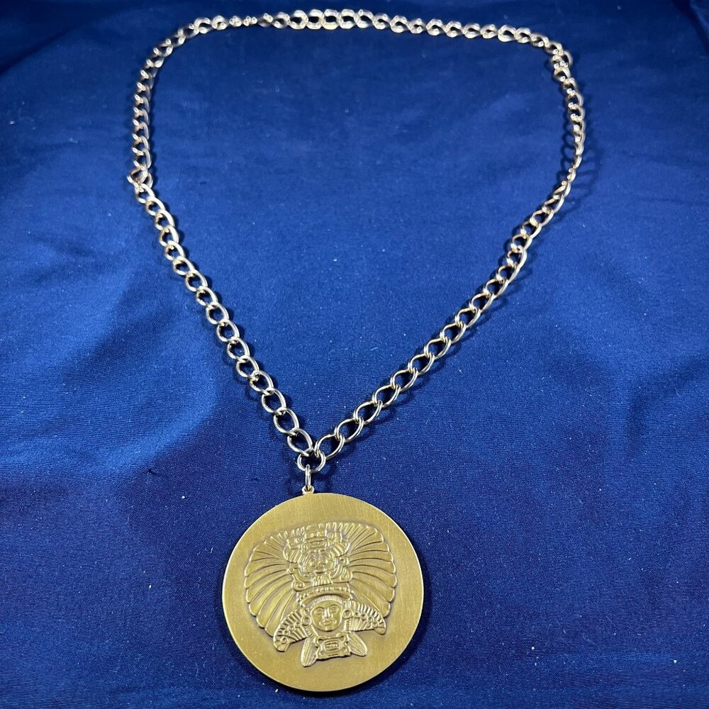 Aztec Style Gold Tone Pendant Necklace With Bold Chain & Intricate Warrior Desig